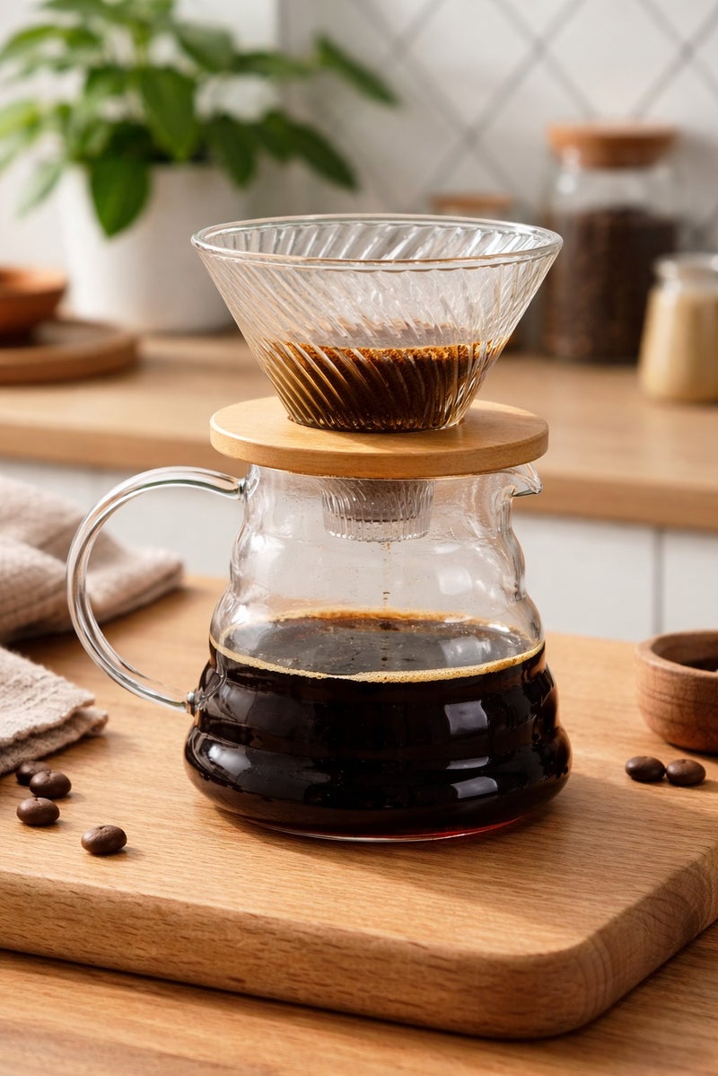 Toshionics 700ml Pour Over Coffee Maker Set T114662 – Glass Dripper with Bamboo Stand & Borosilicate Coffee Server | Manual Drip Brewer | V60 Style Cone Filter for Home & Café Brewing - Image 1